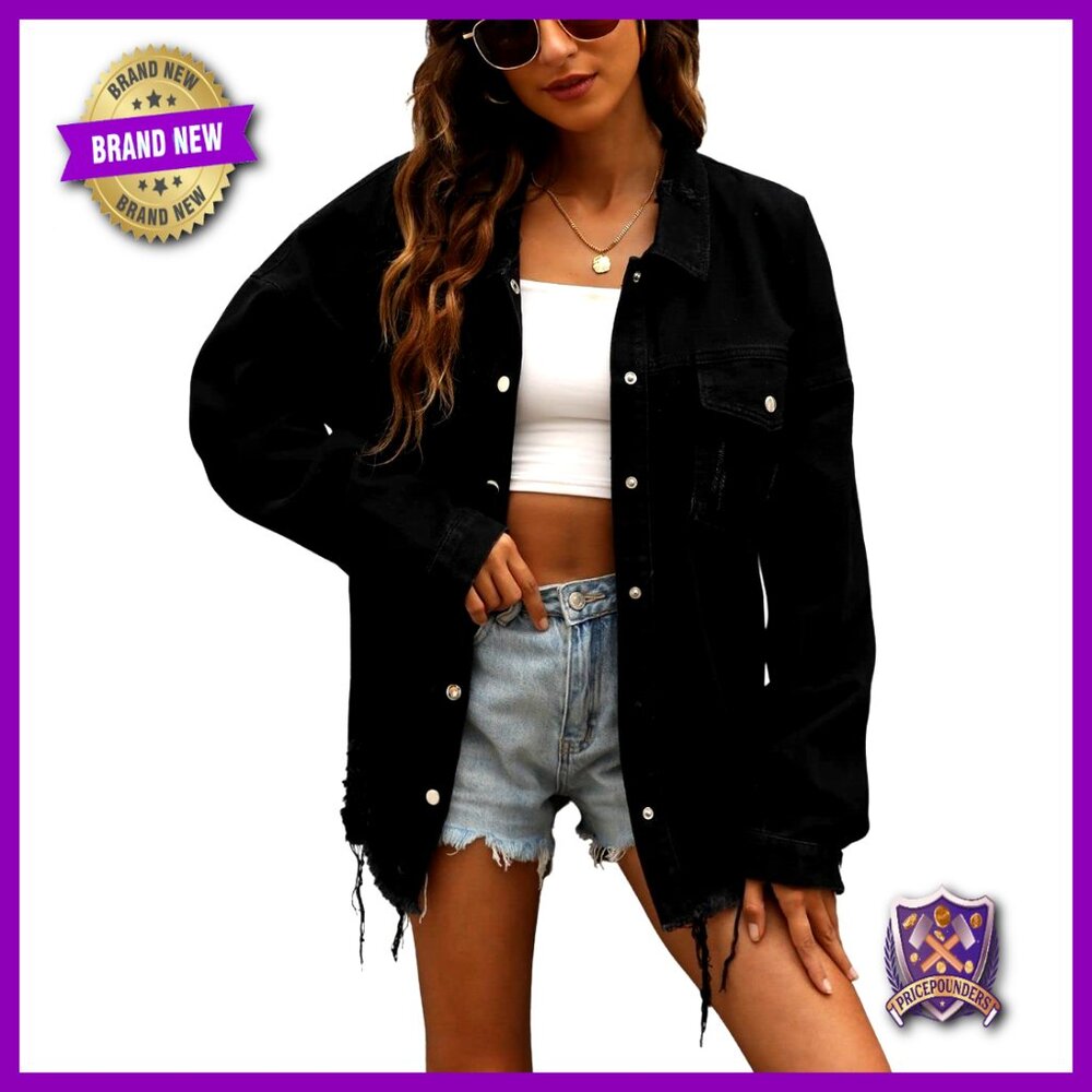 Distressed Denim Jacket Oversized Boyfriend Fit Ripped Casual Chic Y2K Style